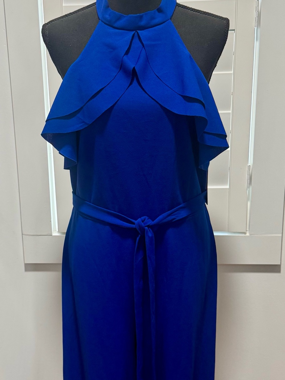 Bebe Blue Halter Ruffle Belted Women’s Jumpsuit